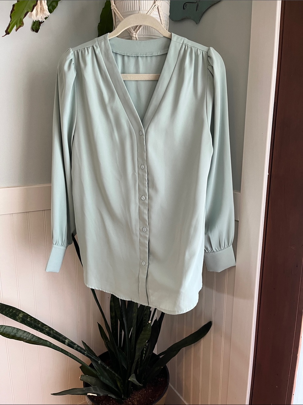 Women's Light Mint V-Neck Button-Front Blouse